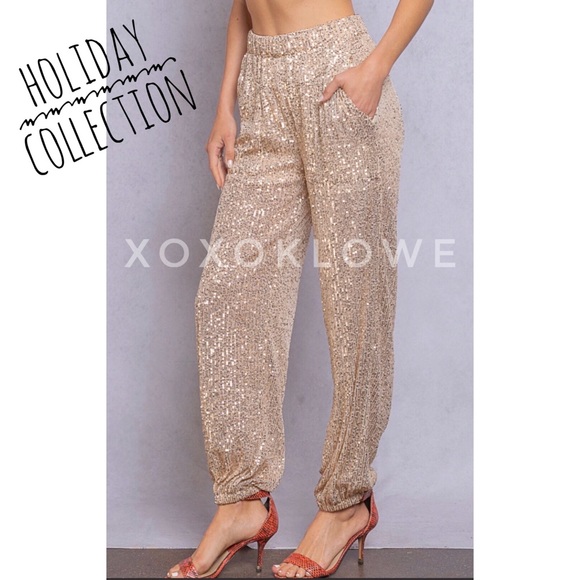 POL Champagne Gold Sequin Sparkle Elastic Waist Joggers - Picture 12 of 16